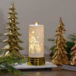 9" Gold And White Nativity Scene Flameless Candle