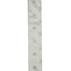 Gold And White Snowflake Printed Christmas Wired Craft Ribbon 2.5" X 10 Yards