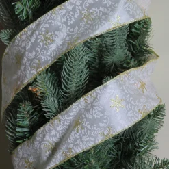 Gold And White Snowflake Printed Christmas Wired Craft Ribbon 2.5" X 10 Yards