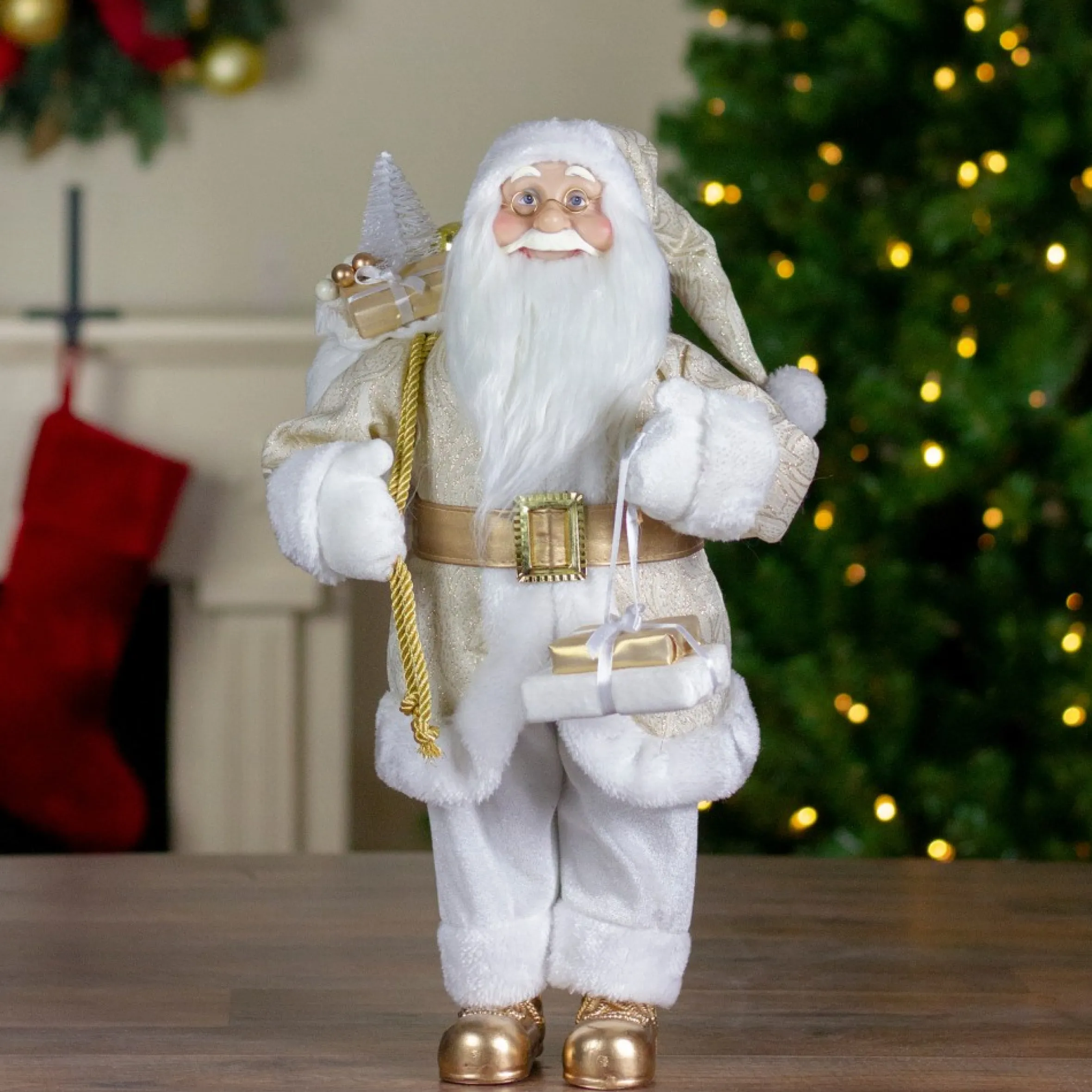 18" Gold And White Standing Santa Christmas Figure With Presents