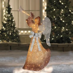 60" Gold Led Lighted Angel With Trumpet Outdoor Christmas Decoration