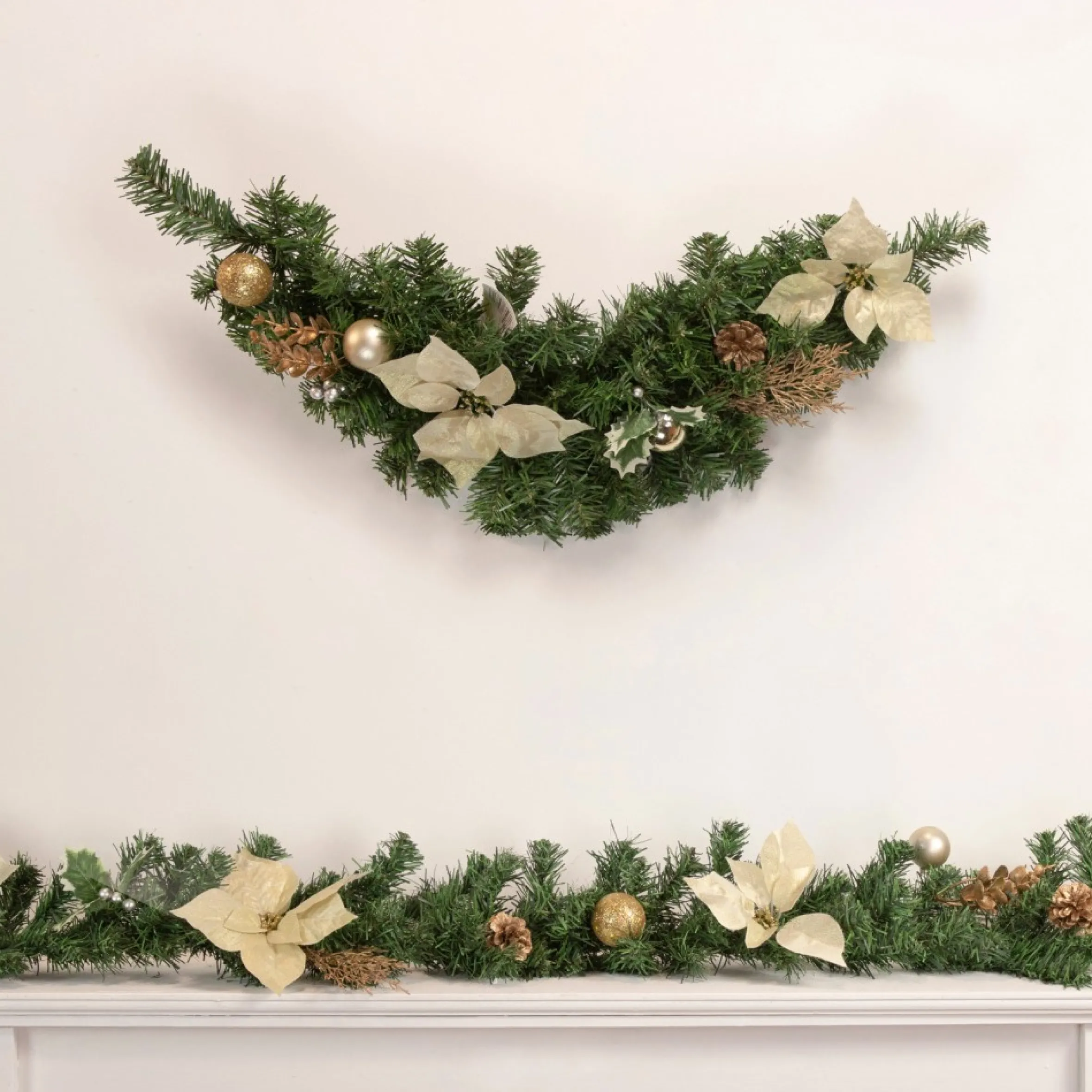 32" Gold Poinsettia And Pinecone Artificial Christmas Swag, Unlit