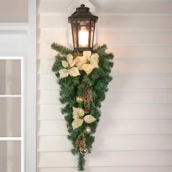 32" Gold Poinsettia Artificial Christmas Teardrop Swag, Unlit