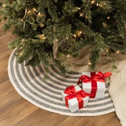 50" Gray And Beige Shag Striped Round Christmas Tree Skirt