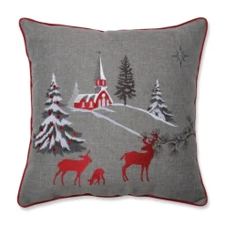 16.5" Gray And Red Christmas Scene With Deer Square Throw Pillow