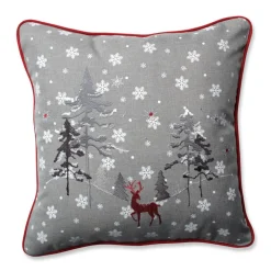 16.5" Gray And Red Embroidered Reindeer Christmas Square Throw Pillow