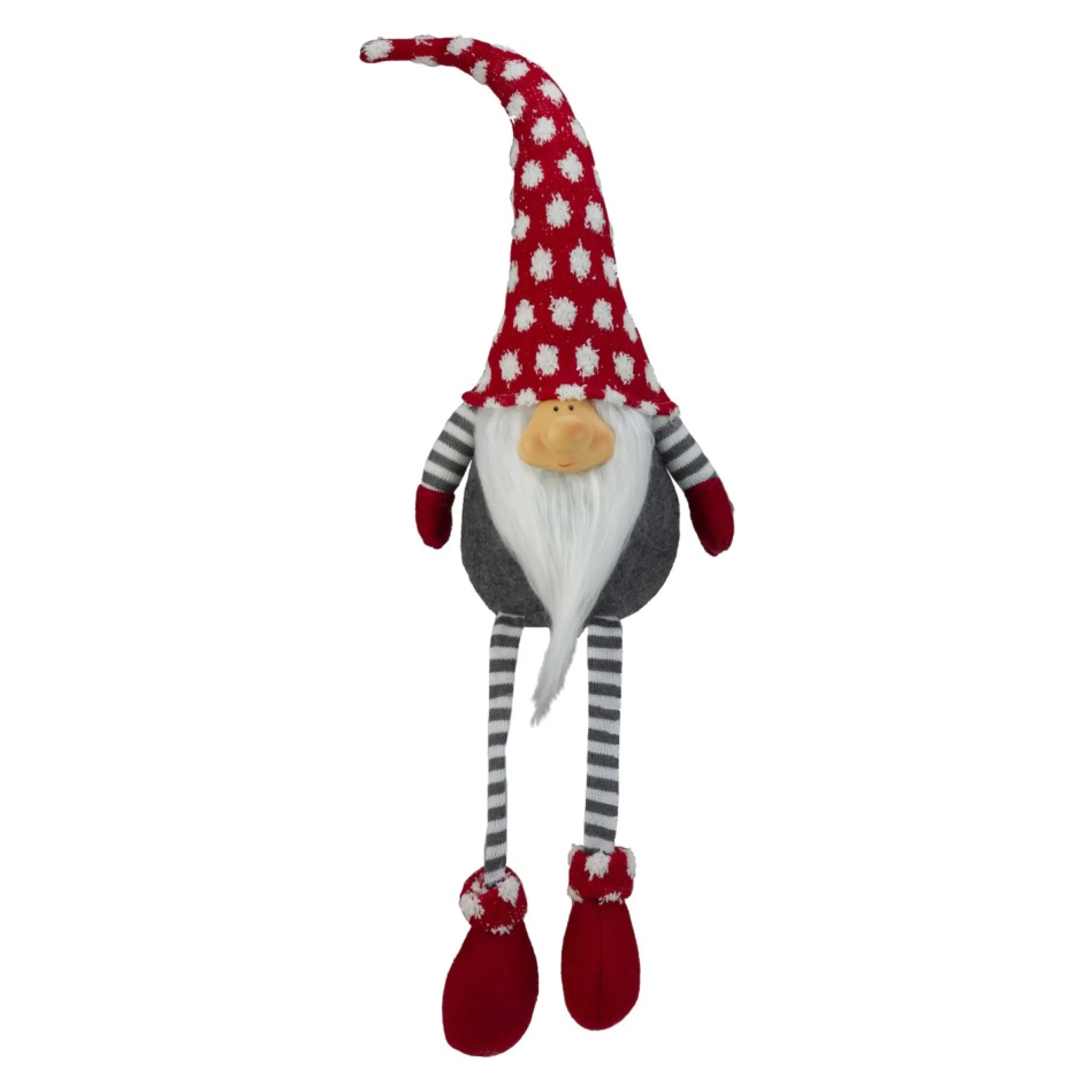 24" Gray And Red Hanging Leg With Polka-Dot Snow Cap Smiling Gnome