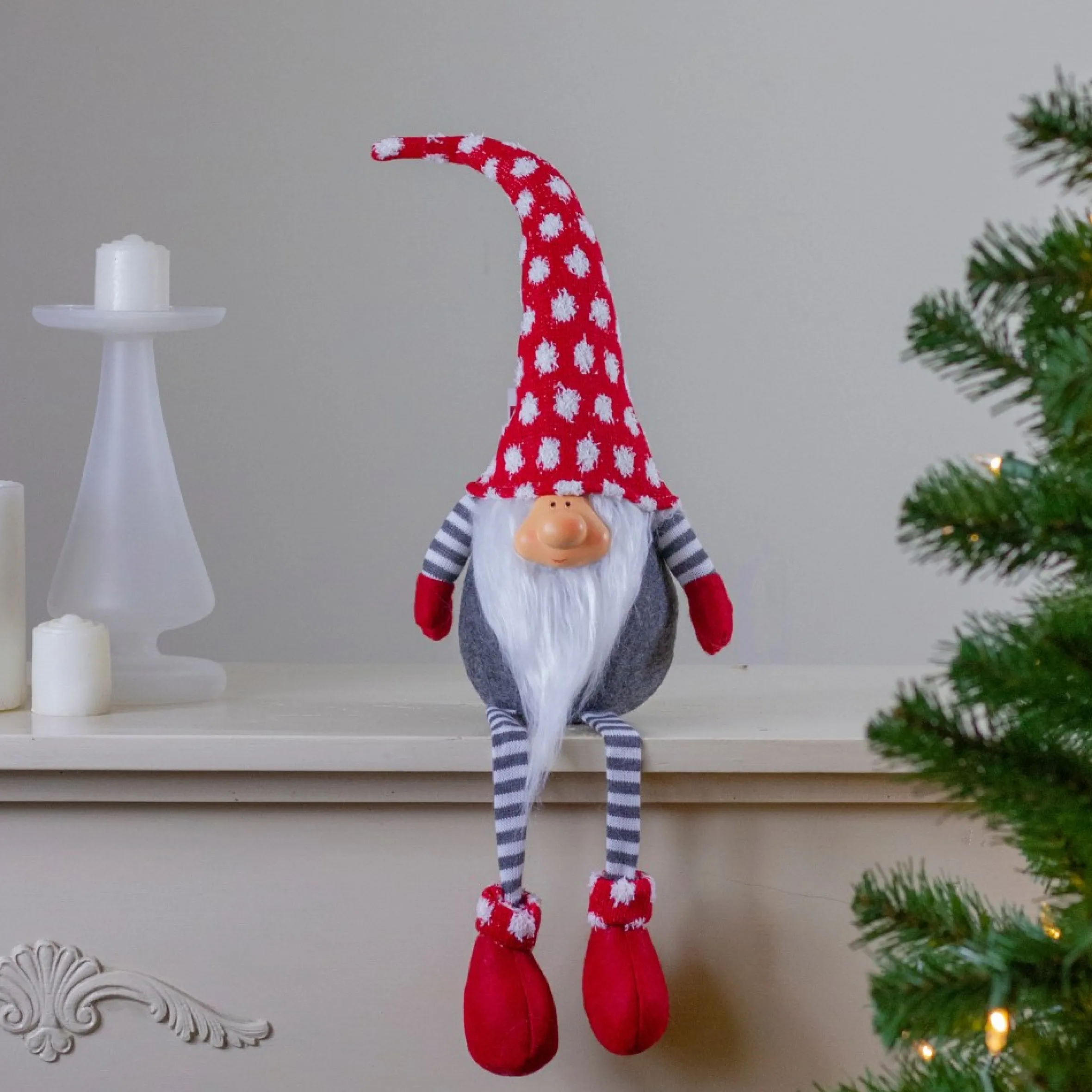 24" Gray And Red Hanging Leg With Polka-Dot Snow Cap Smiling Gnome