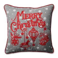 16.5" Gray And Red Ornamental "Merry Christmas" Square Throw Pillow
