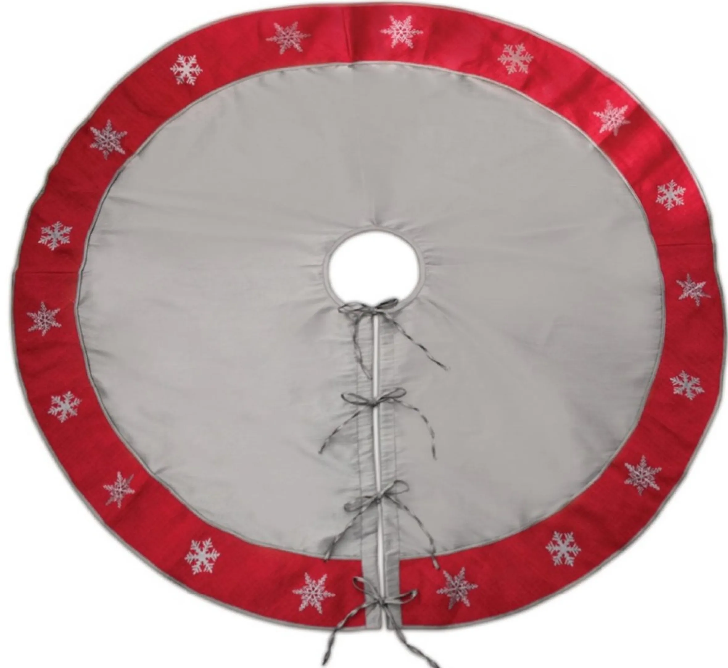 54" Gray And Red Snowflake Border Tie Closure Christmas Tree Skirt