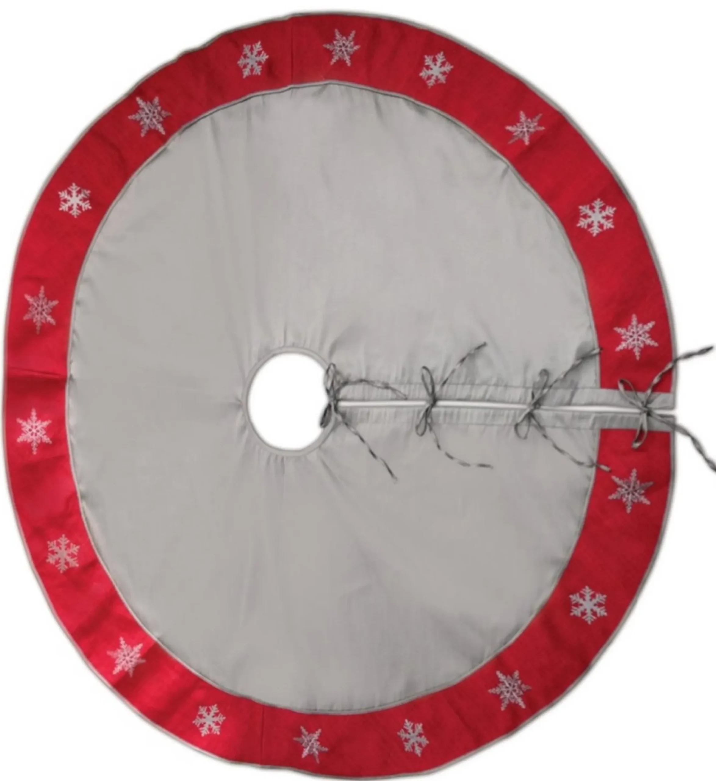 54" Gray And Red Snowflake Border Tie Closure Christmas Tree Skirt