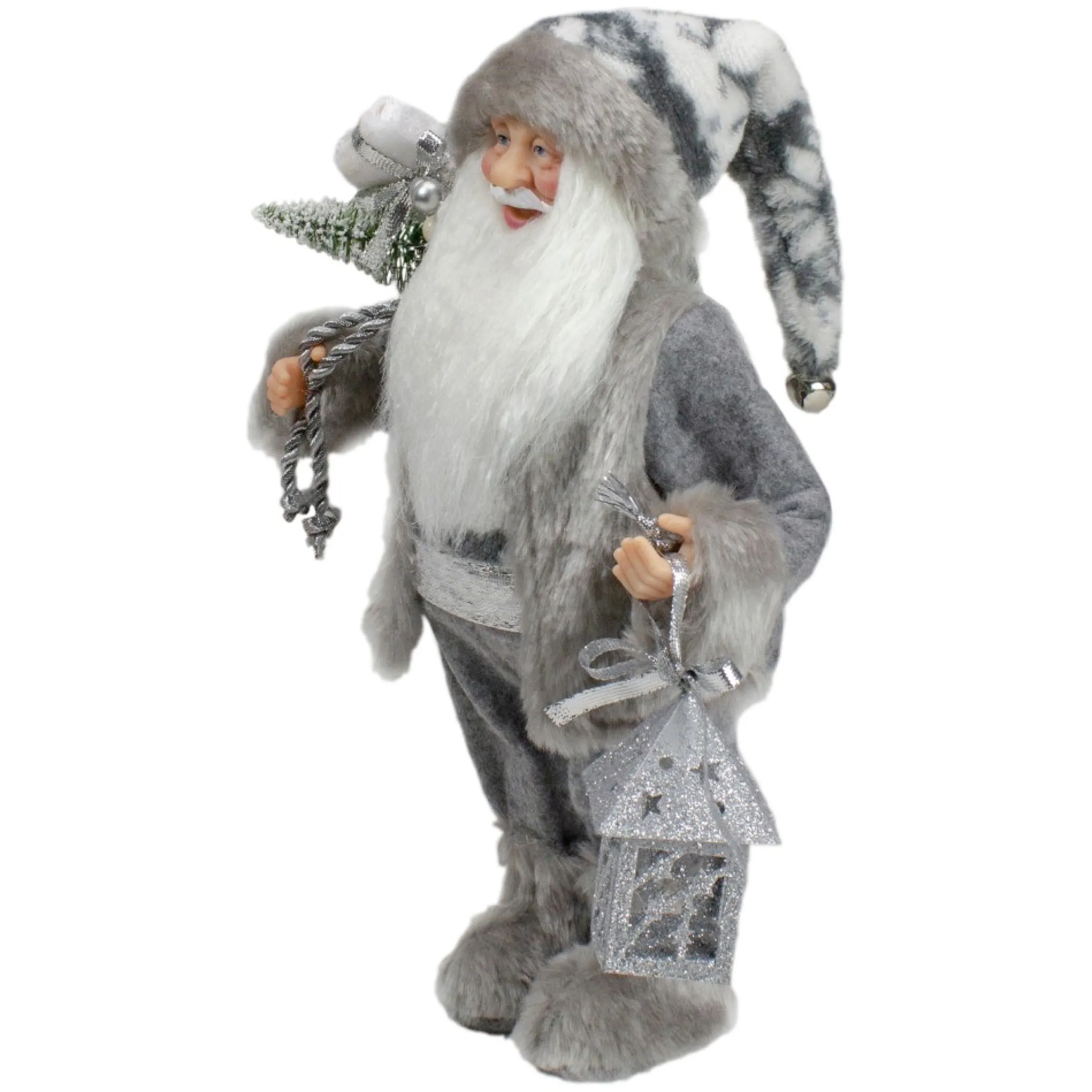 12" Gray And White Standing Santa Claus Christmas Figurine With Bag And Lantern