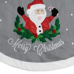 48" Gray And White Traditional Happy Santa Christmas Tree Skirt