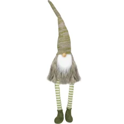 29" Green And Beige Sitting Gnome With Knitted Hat And Dangling Legs Christmas Figure