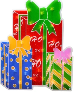 17" Green And Red Double-Sided Lighted Holographic Shimmering Christmas Presents Window Silhouette
