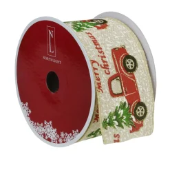 Green And Red Vintage Trucks With Christmas Trees Wired Craft Ribbon 2.5