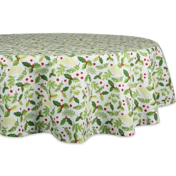Green And White Boughs Of Holly Print Round Christmas Tablecloth 70"