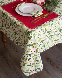 Green And White Boughs Of Holly Print Round Christmas Tablecloth 70