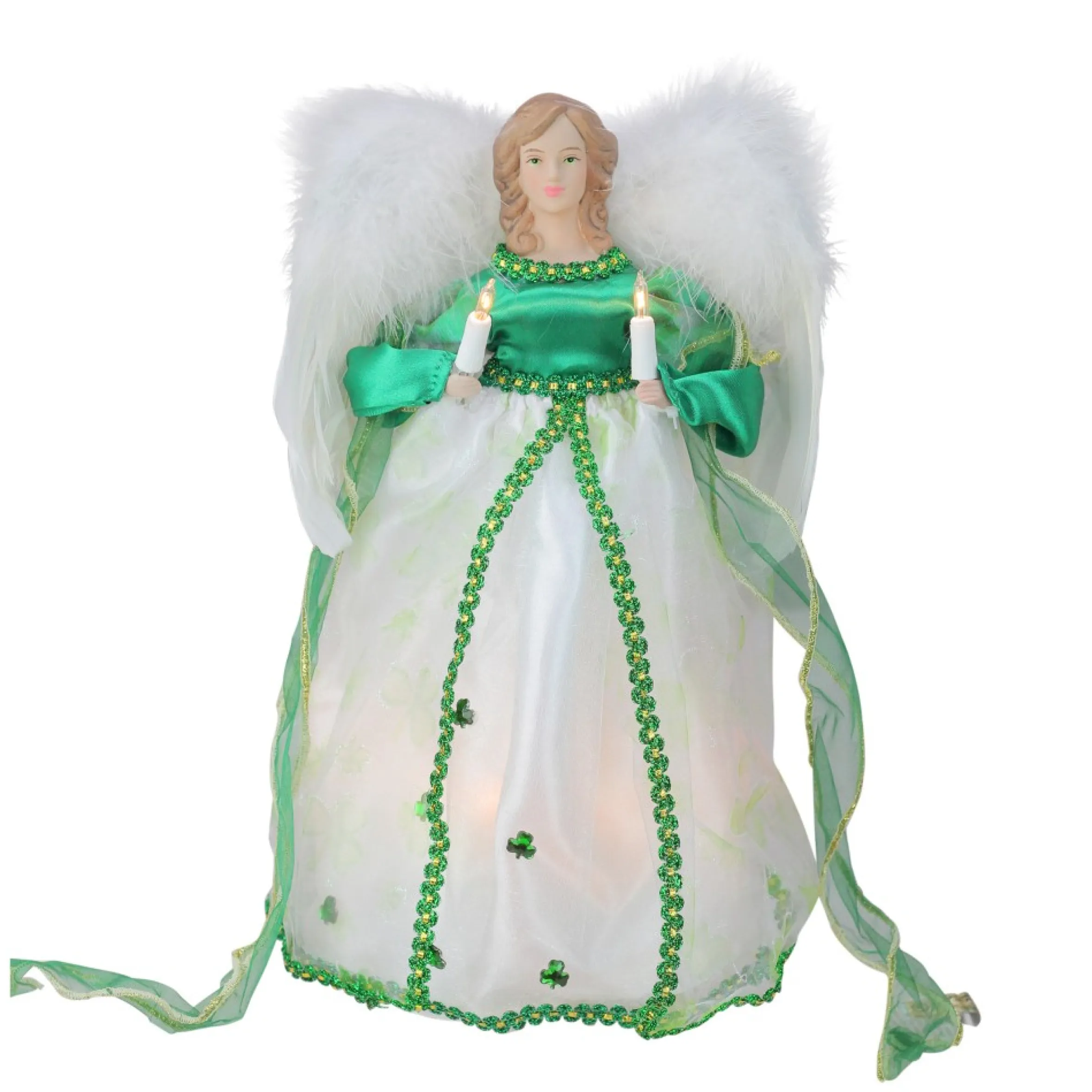 12" Green And White Lighted Luck Of The Irish Angel Christmas Tree Topper