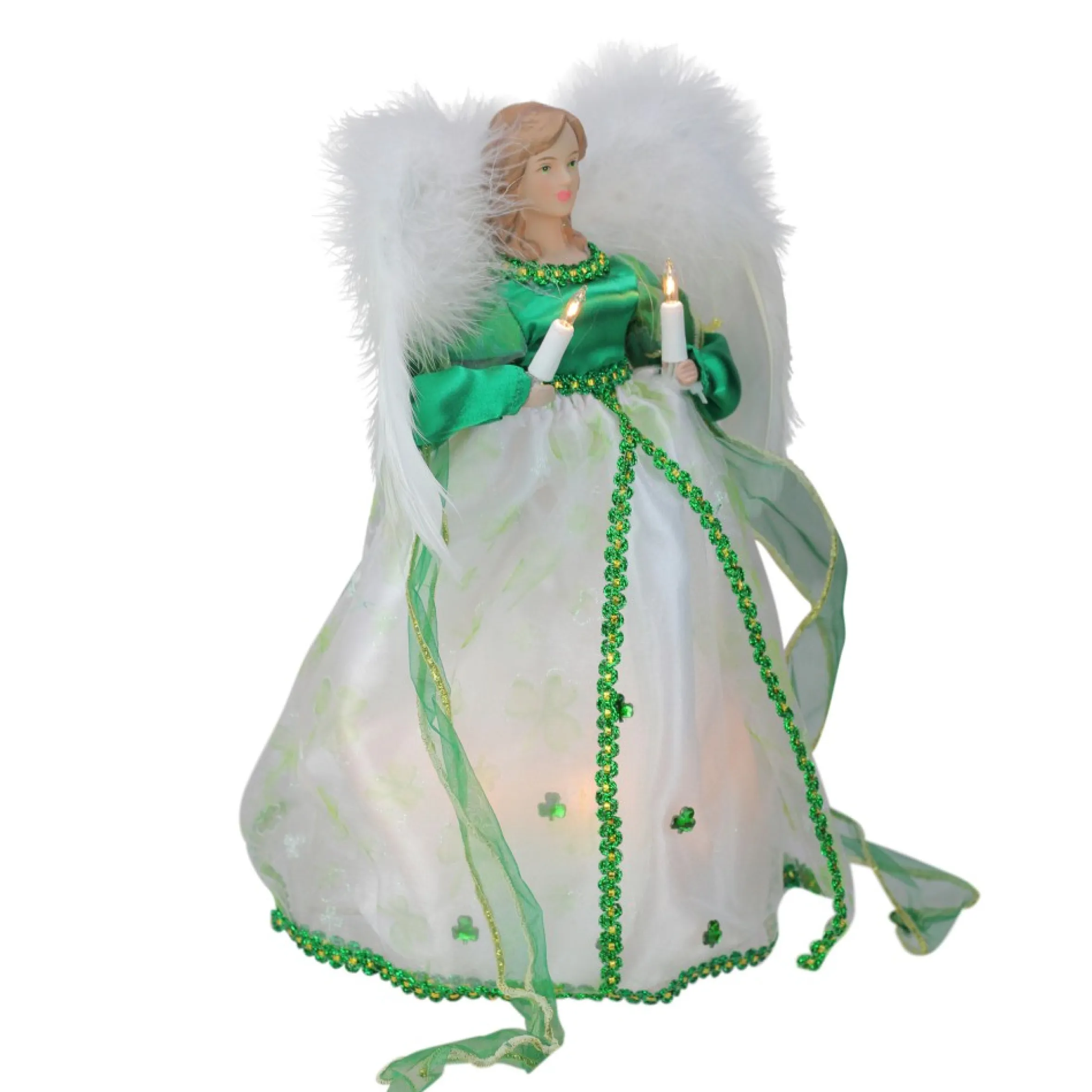 12" Green And White Lighted Luck Of The Irish Angel Christmas Tree Topper