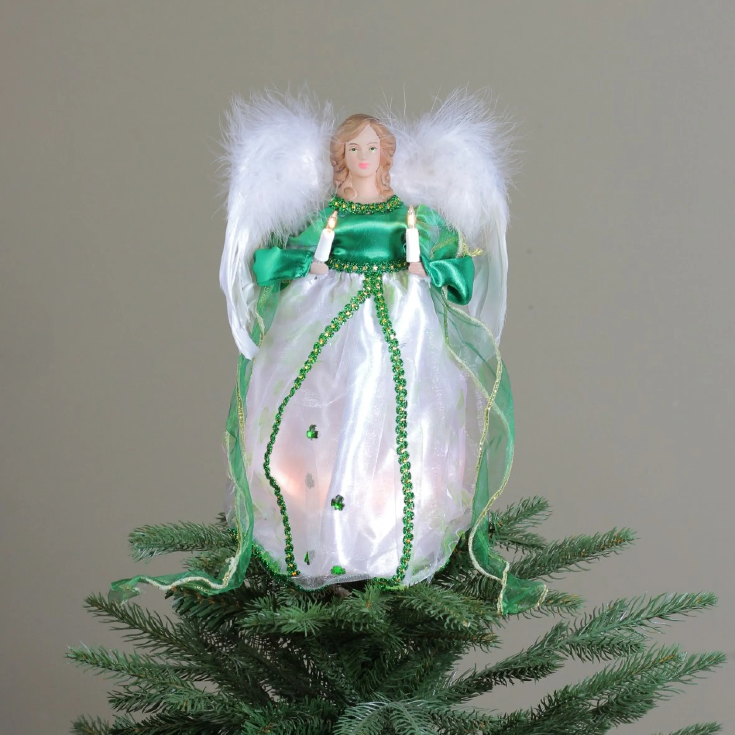 12" Green And White Lighted Luck Of The Irish Angel Christmas Tree Topper