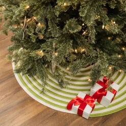 44" Green And White Woven Candy Cane Round Christmas Tree Skirt