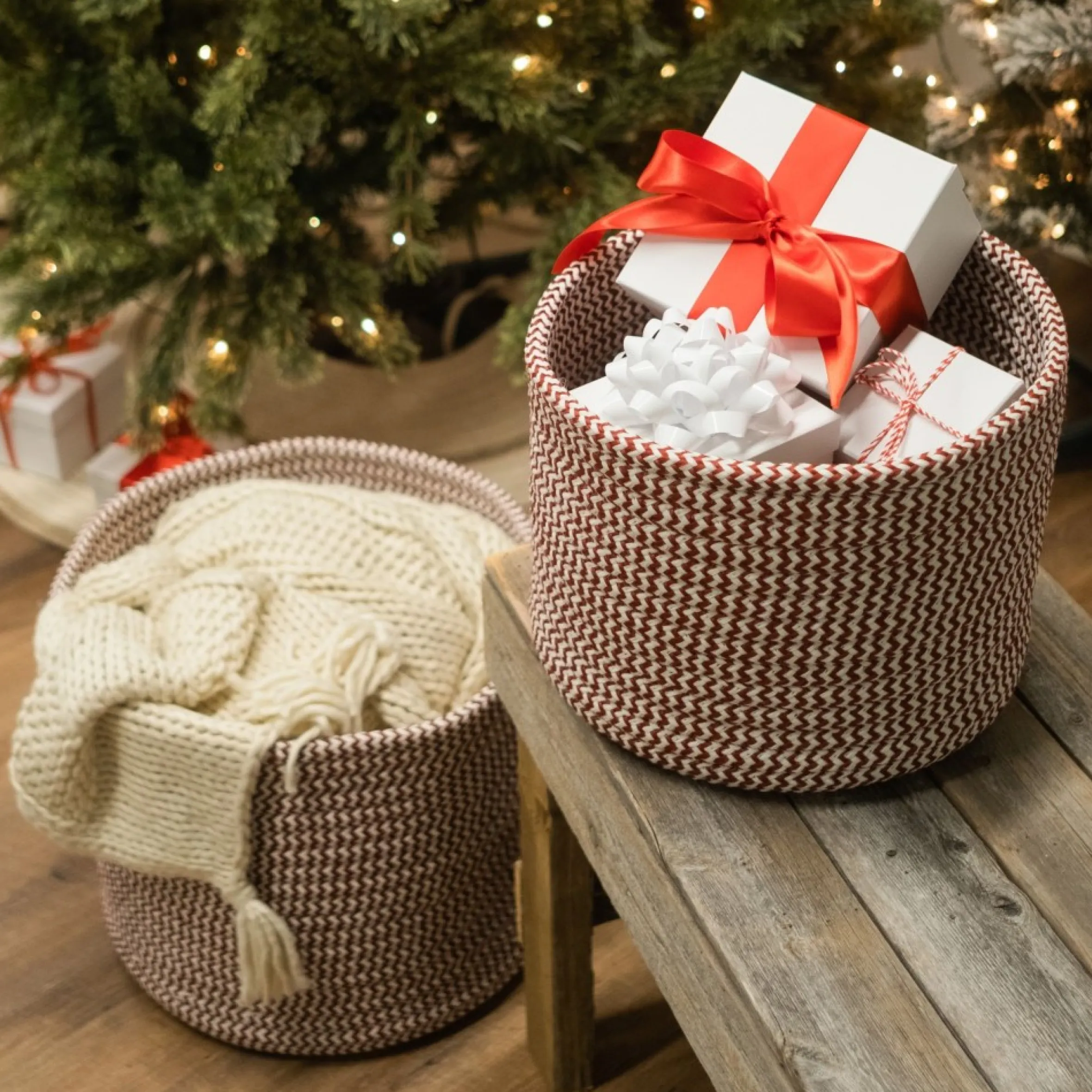 12" Green Braided Zig-Zag Christmas Woven Storage Basket