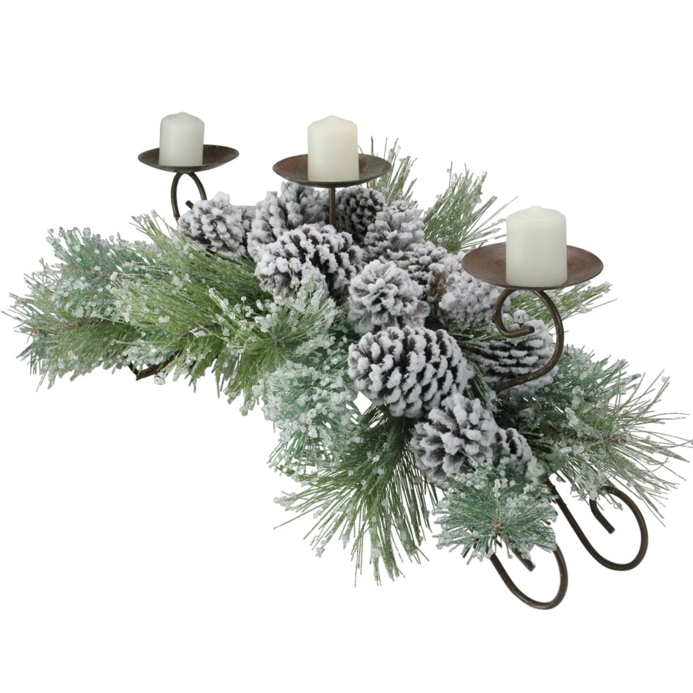 30" Green Frosted Pine Needle And Pine Cone Christmas Candle Holder