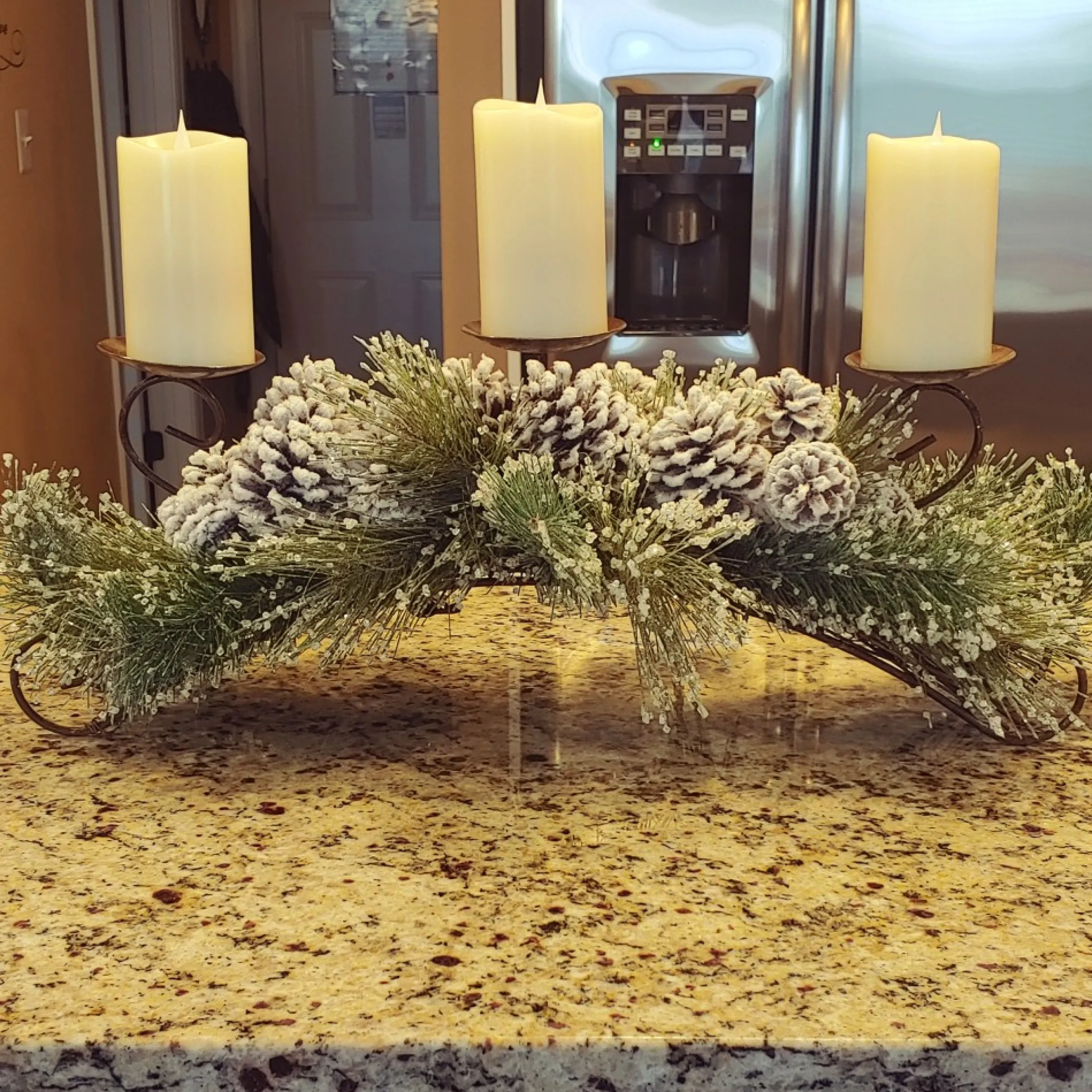 30" Green Frosted Pine Needle And Pine Cone Christmas Candle Holder