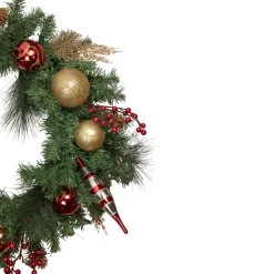 Green Mixed Foliage And Ornaments Artificial Christmas Wreath, 30-Inch, Unlit