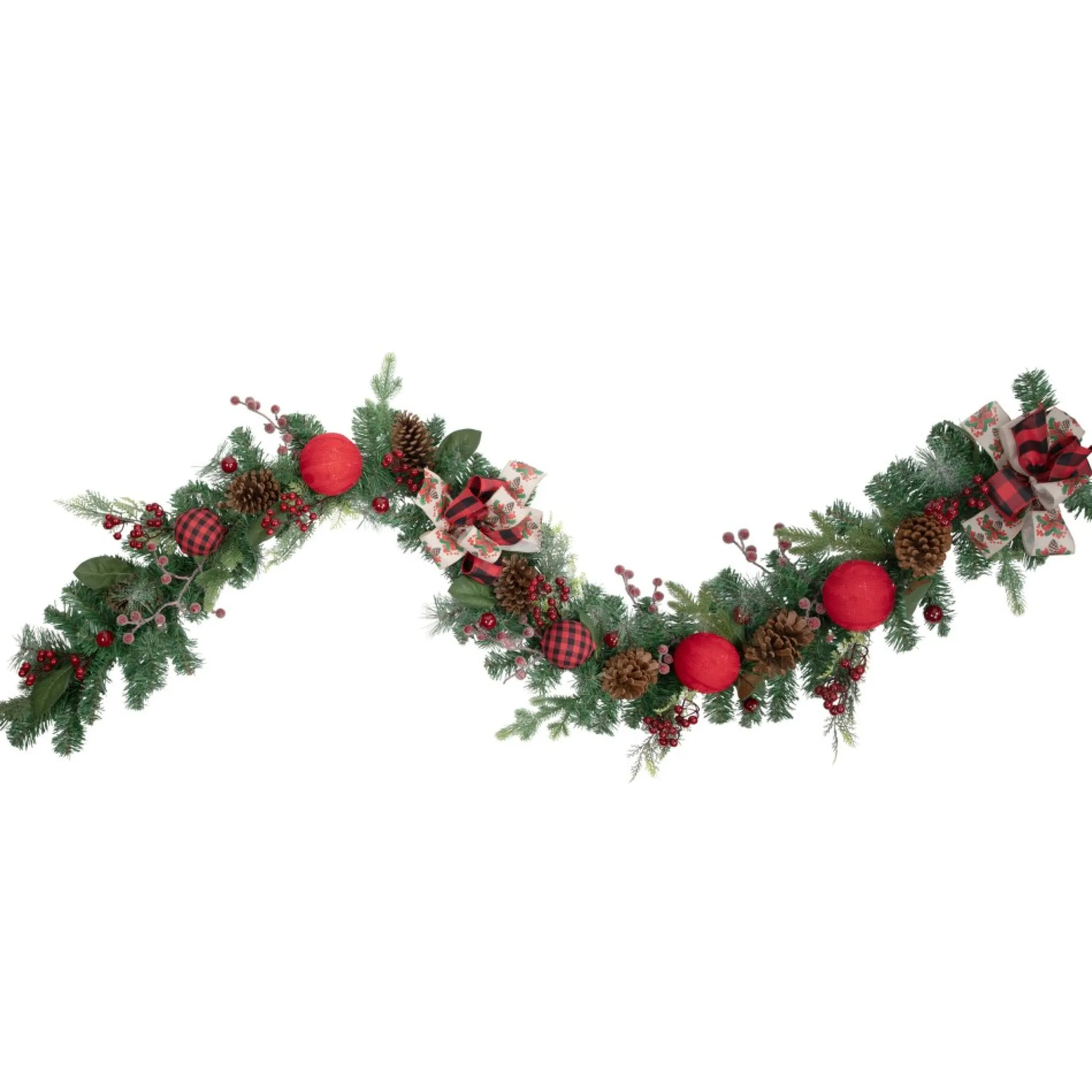 6' Green Pine Artificial Christmas Garland With Plaid Ornaments And Bows