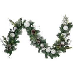 6' Green Pine Frosted Artificial Christmas Garland With Pinecones And Ornaments, Unlit
