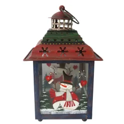 Green, Red And Blue Snowman Christmas Candle Lantern 11"