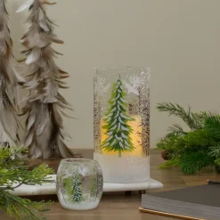 3" Hand Painted Christmas Pine Trees Flameless Glass Christmas Candle Holder
