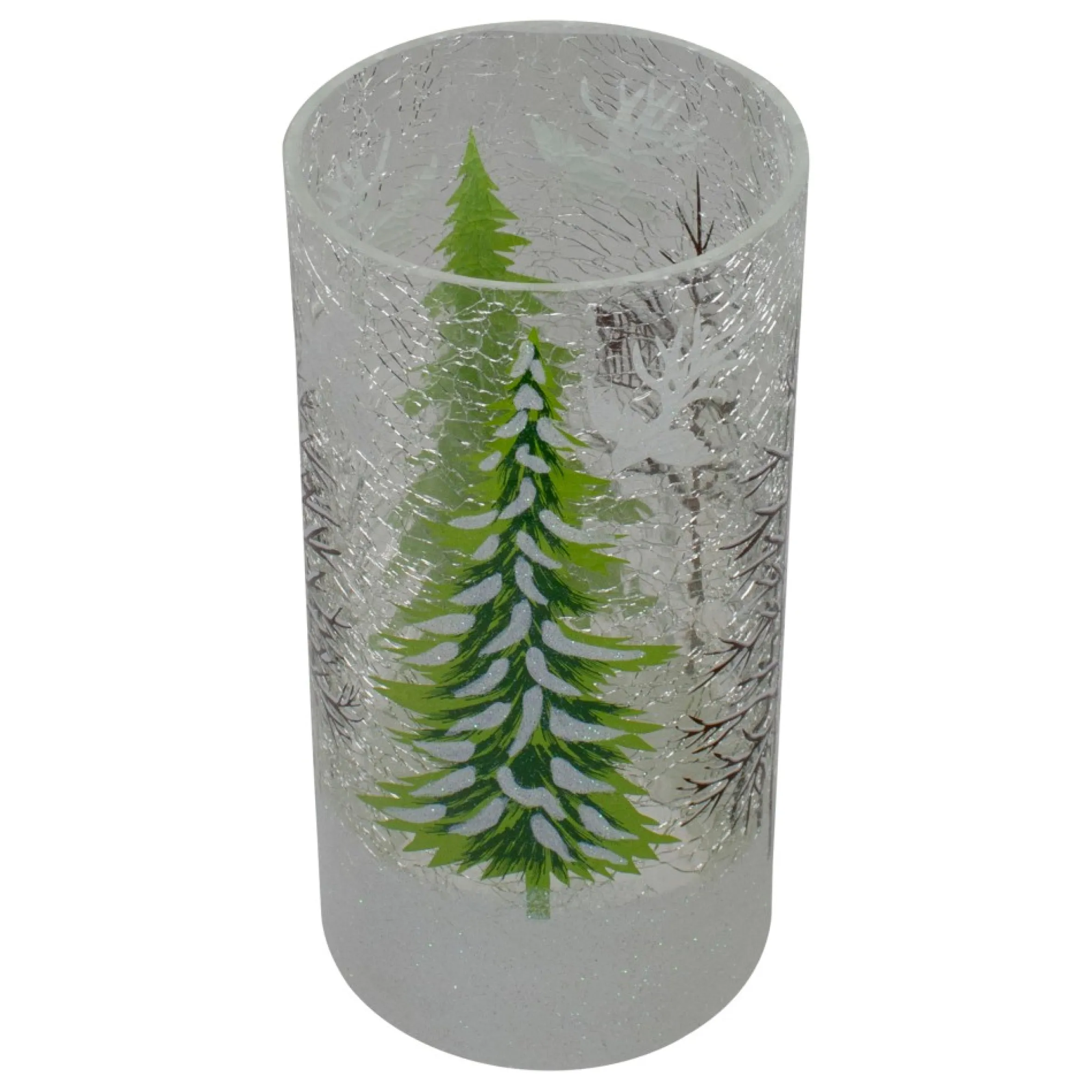 8" Hand Painted Christmas Pine Trees Flameless Glass Candle Holder