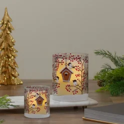 5" Hand Painted Sparrows And Berries Flameless Glass Christmas Candle Holder