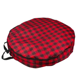 30" Heavy Duty Red And Black Plaid Christmas Wreath Storage Bag With Handles
