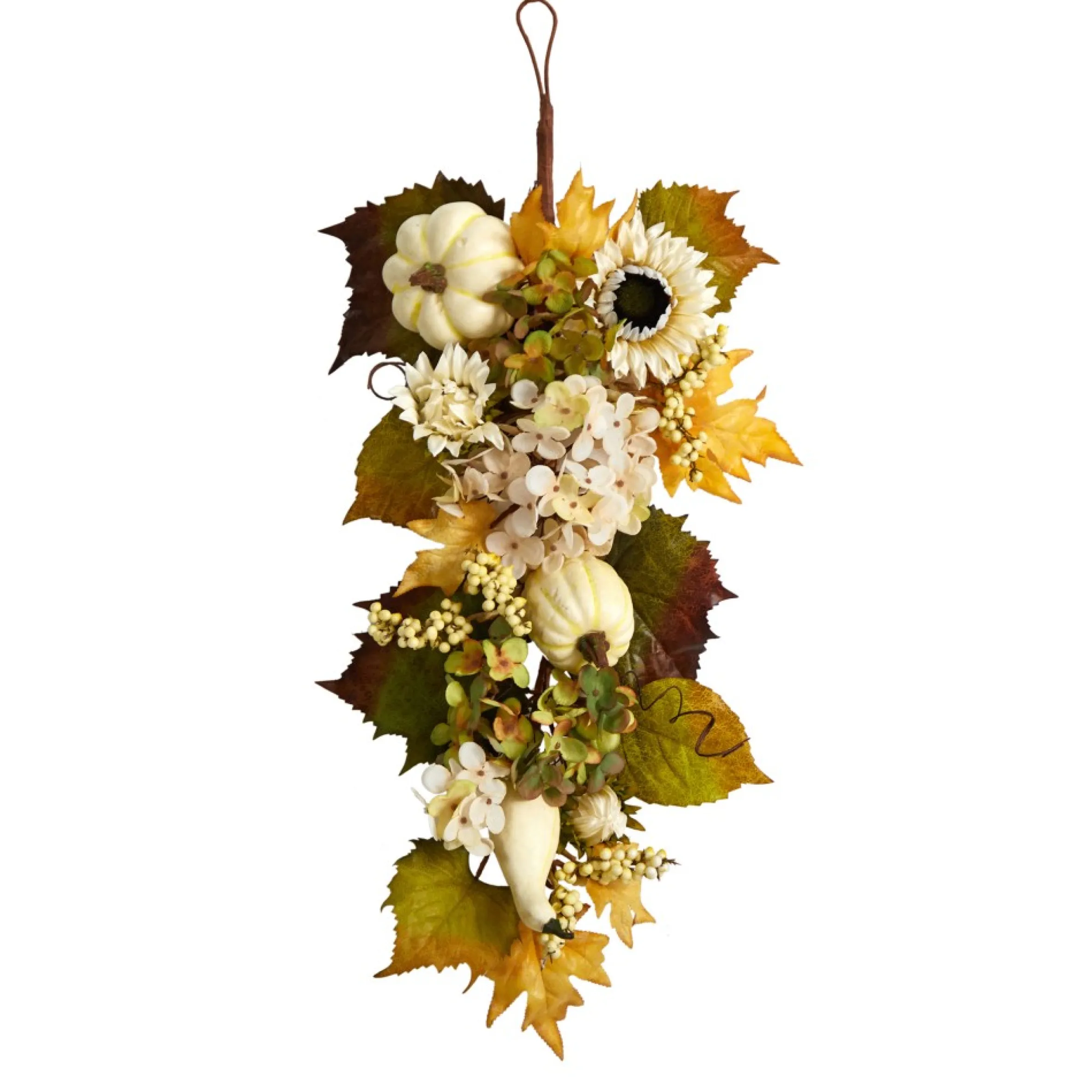 33" Hydrangea, Pumpkins And Sunflower Artificial Fall Harvest Teardrop Swag - Unlit