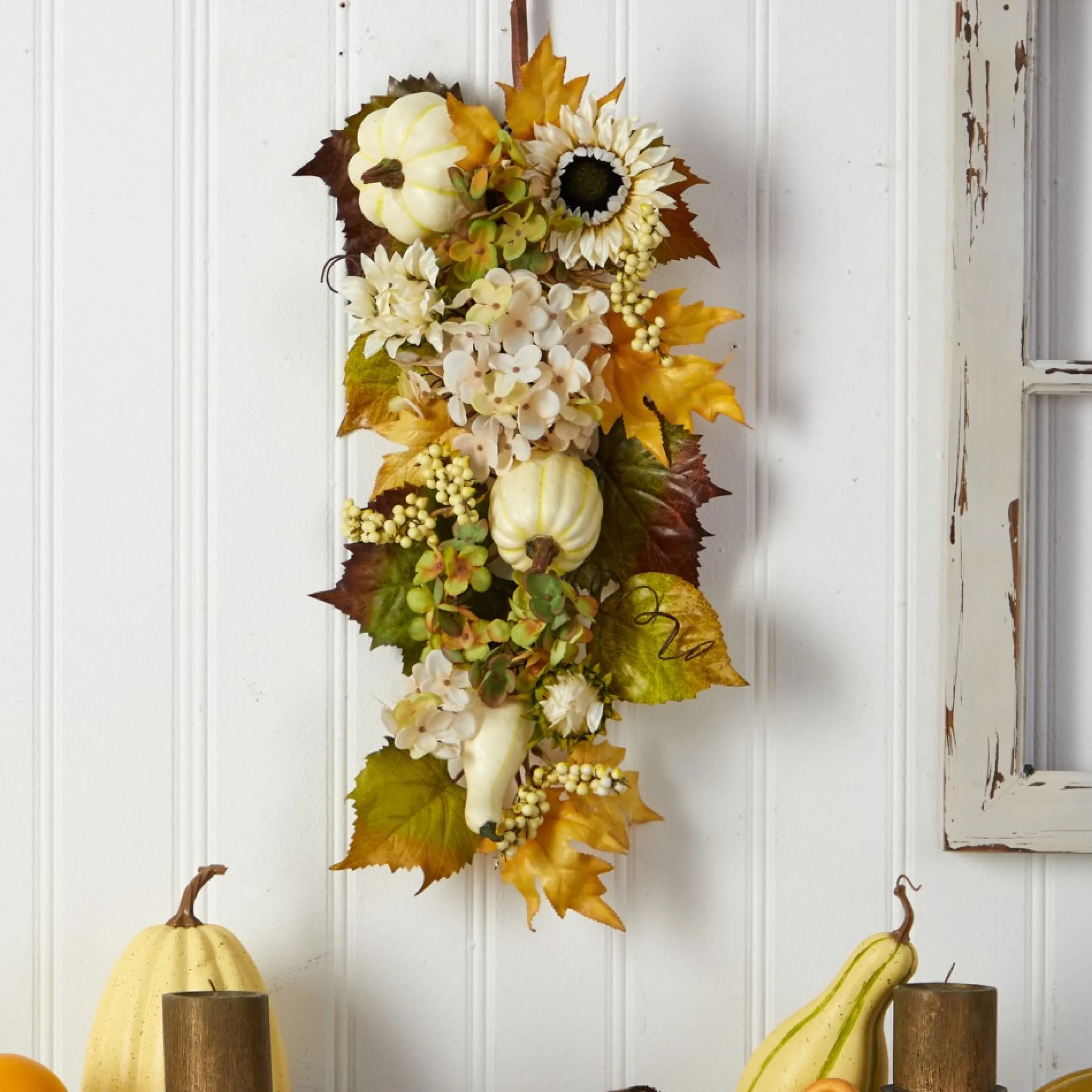 33" Hydrangea, Pumpkins And Sunflower Artificial Fall Harvest Teardrop Swag - Unlit