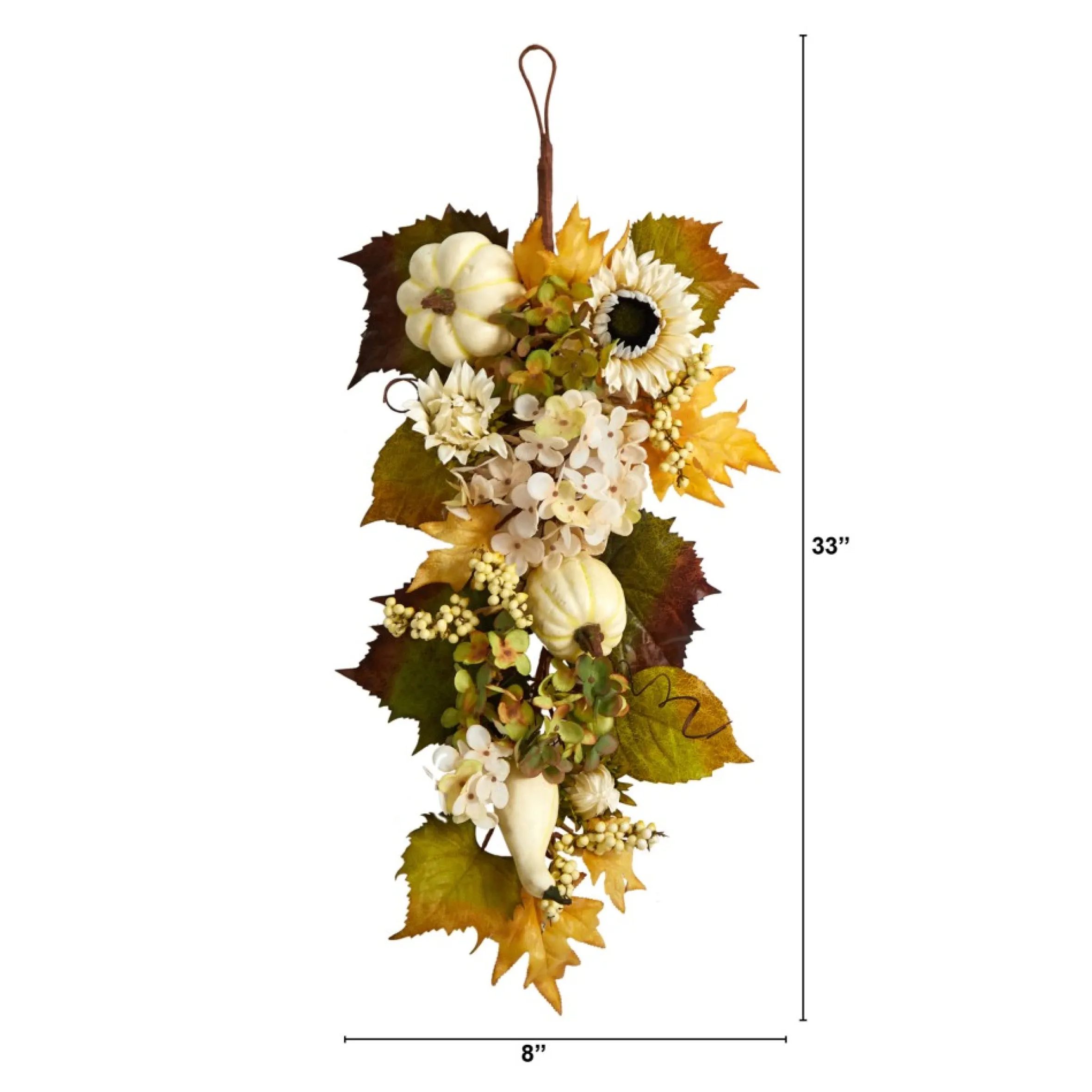 33" Hydrangea, Pumpkins And Sunflower Artificial Fall Harvest Teardrop Swag - Unlit