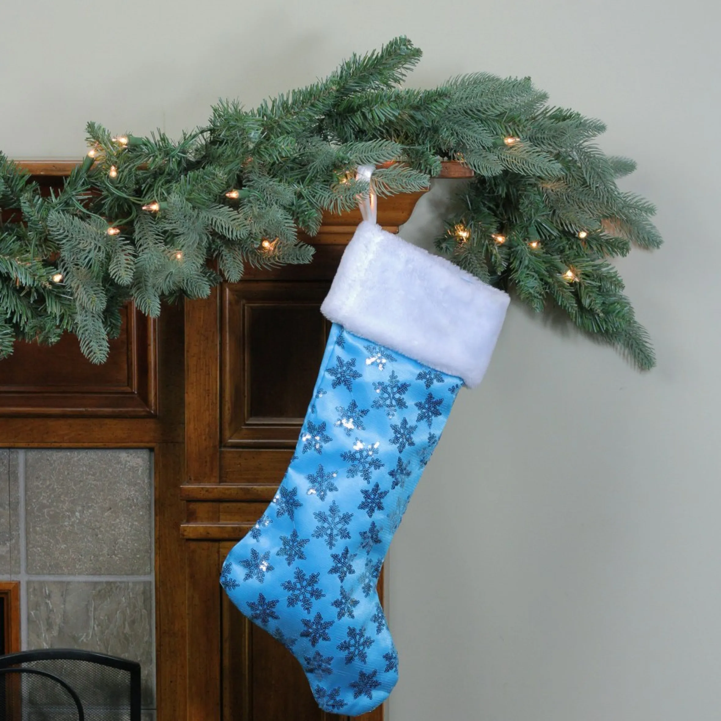 20.5" Ice Palace Blue Sequin Snowflake Christmas Stocking With White Faux Fur Cuff