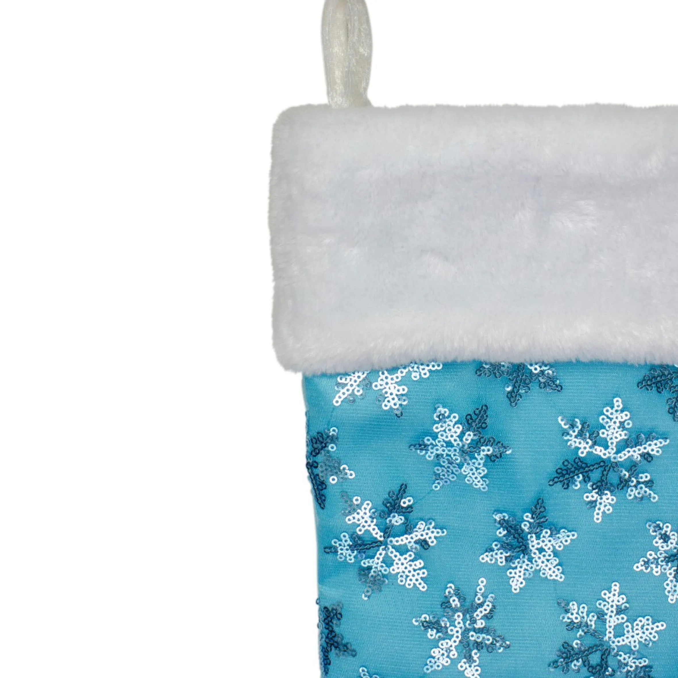 20.5" Ice Palace Blue Sequin Snowflake Christmas Stocking With White Faux Fur Cuff