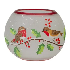 5-Inch Hand Painted Finches And Pine Flameless Glass Candle Holder