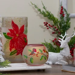 5-Inch Hand Painted Finches And Pine Flameless Glass Candle Holder