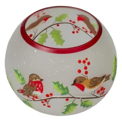 5-Inch Hand Painted Finches And Pine Flameless Glass Candle Holder