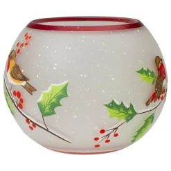 5-Inch Hand Painted Finches And Pine Flameless Glass Candle Holder