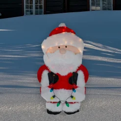 32-Inch Lighted Chenille Santa With Lights Outdoor Christmas Decoration