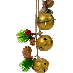 15-Inch Pine And Gold Jingle Bell Christmas Door Hanger With Plaid Bow