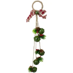 15-Inch Pine And Green Jingle Bell Christmas Door Hanger With Plaid Bow