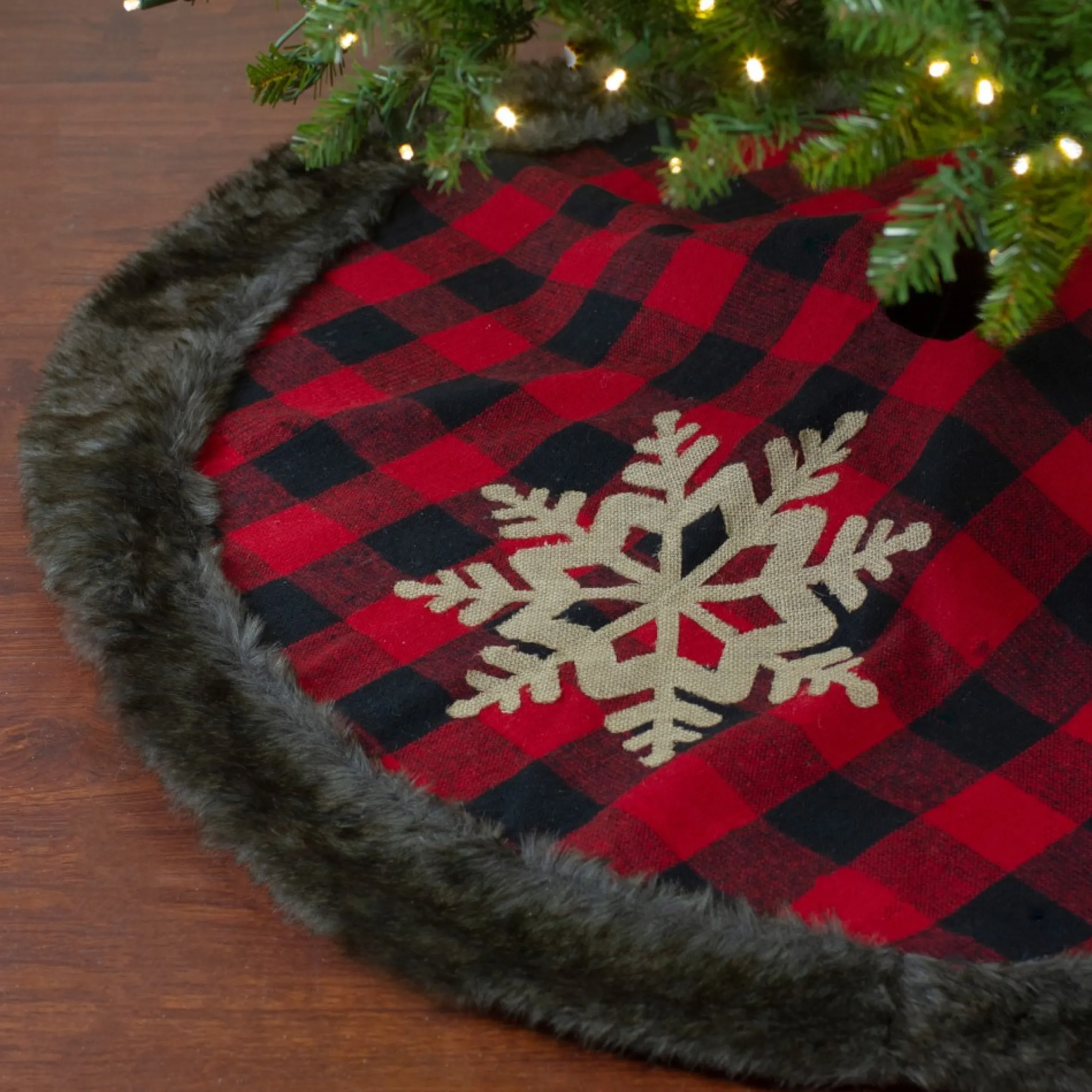 48-Inch Red And Black Christmas Tree Skirt With Burlap Snowflake